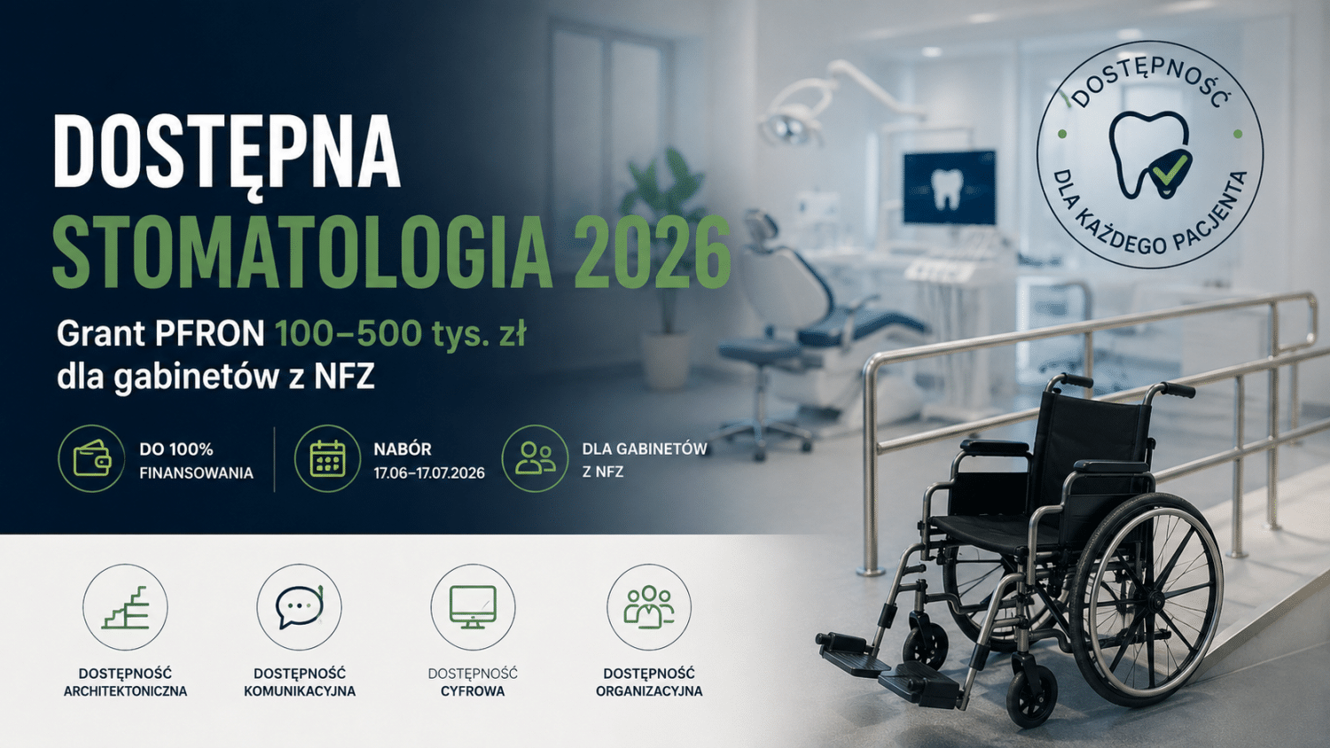 Dostępna stomatologia 2026 – grant PFRON od 100 do 500 tys. zł dla gabinetów stomatologicznych z kontraktem NFZ na poprawę dostępności dla pacjentów.