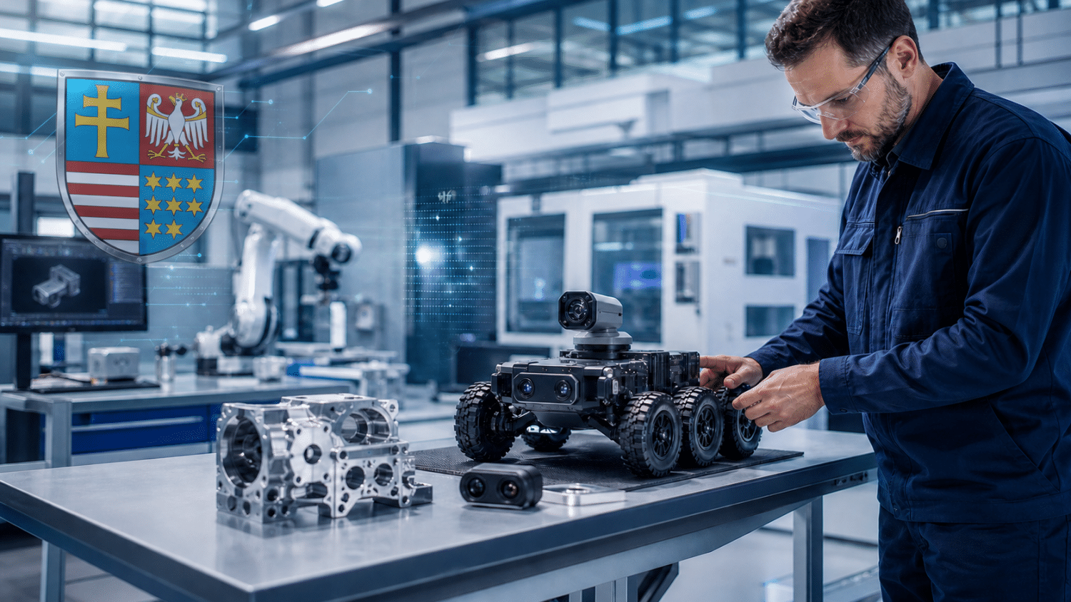 Inżynier sprawdza prototyp robota terenowego w zakładzie produkcyjnym; w tle widoczny herb województwa świętokrzyskiego.