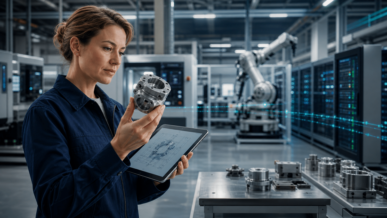 Inżynierka analizuje komponent metalowy w zakładzie z robotem przemysłowym i infrastrukturą cyfrową