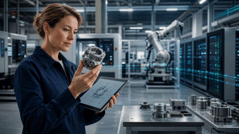 Inżynierka analizuje komponent metalowy w zakładzie z robotem przemysłowym i infrastrukturą cyfrową