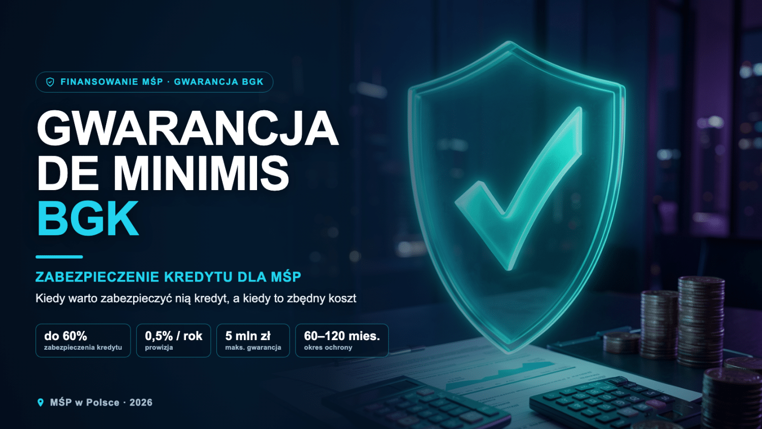 Gwarancja de minimis BGK — świecąca tarcza z symbolem gwarancji nad dokumentami kredytowymi, kalkulatorem i monetami; zabezpieczenie do 60% kredytu dla MŚP, prowizja 0,5% rocznie, do 5 mln zł