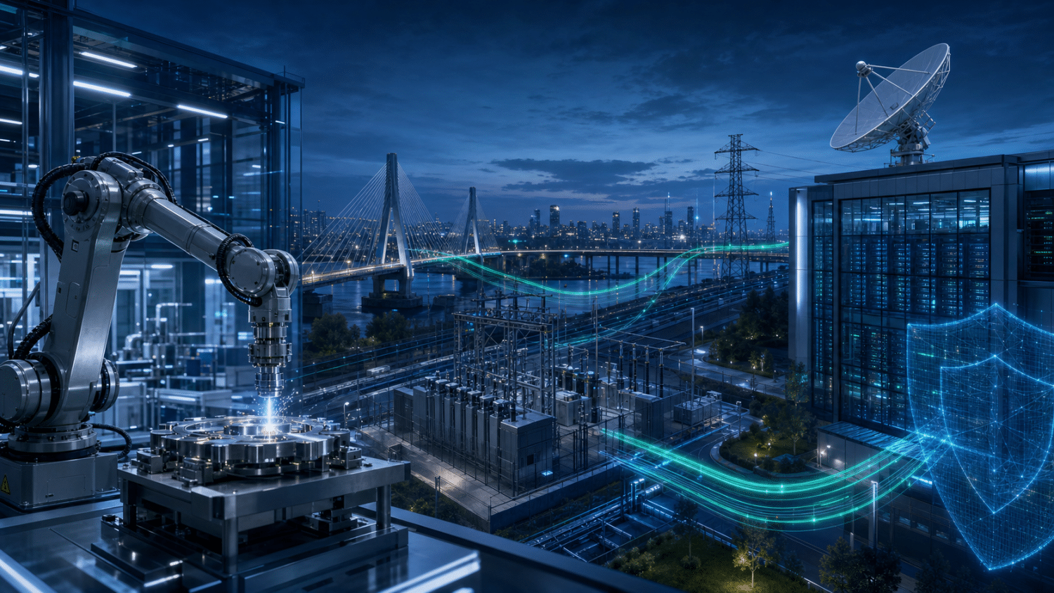 Ramię robotyczne w zakładzie przemysłowym oraz sieć infrastruktury krytycznej symbolizujące technologie dual-use