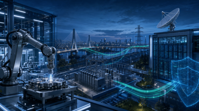 Ramię robotyczne w zakładzie przemysłowym oraz sieć infrastruktury krytycznej symbolizujące technologie dual-use