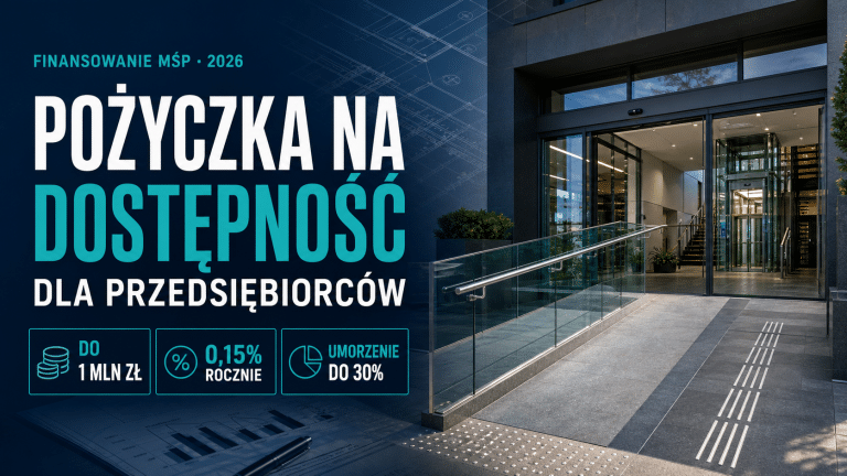 Dostępne wejście do budynku przedsiębiorstwa z rampą, ścieżką dotykową i windą