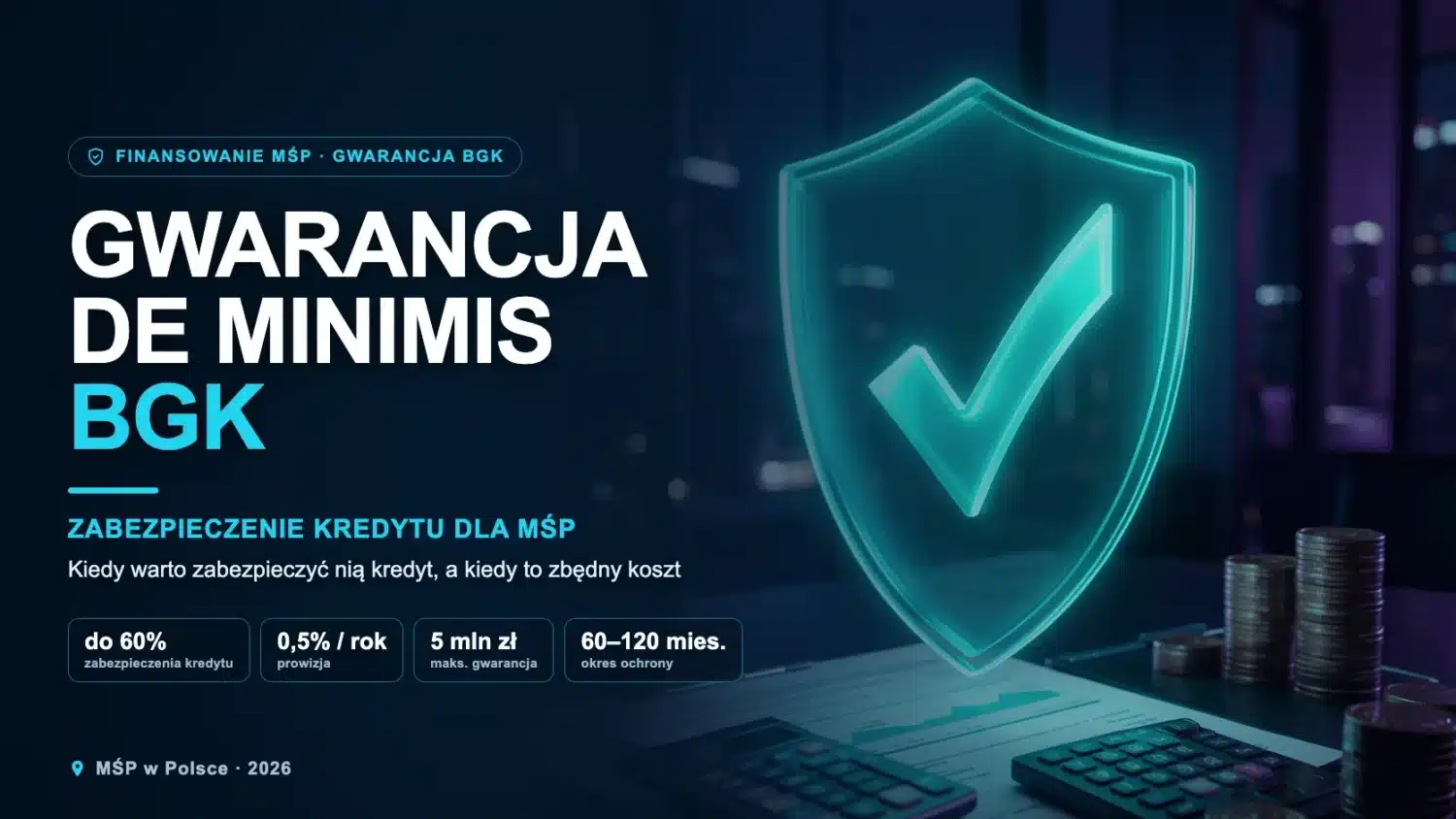 Gwarancja de minimis BGK — świecąca tarcza z symbolem gwarancji nad dokumentami kredytowymi, kalkulatorem i monetami; zabezpieczenie do 60% kredytu dla MŚP, prowizja 0,5% rocznie, do 5 mln zł