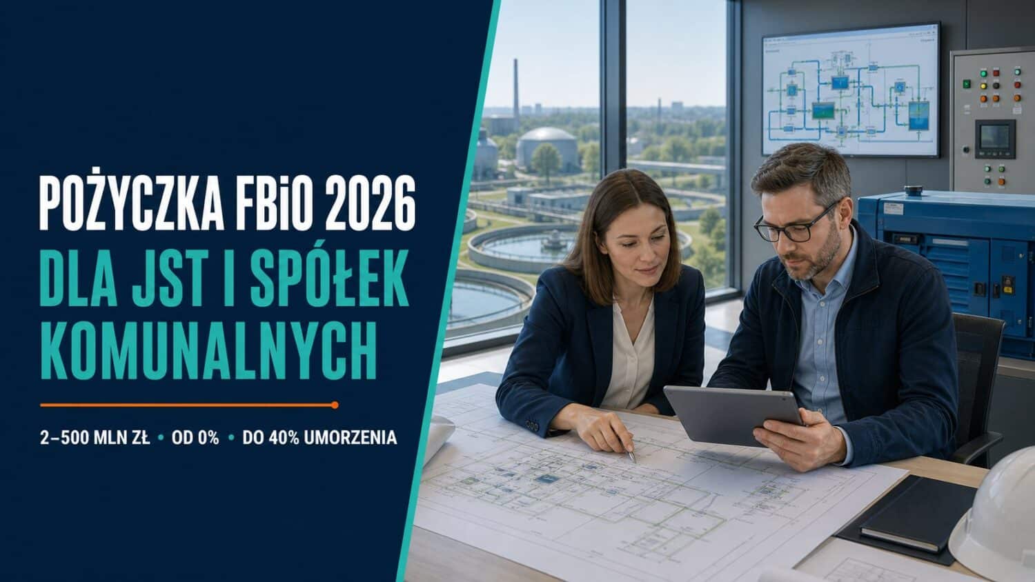 Pracownica samorządu i inżynier analizują projekt odpornej infrastruktury komunalnej przy oczyszczalni wody