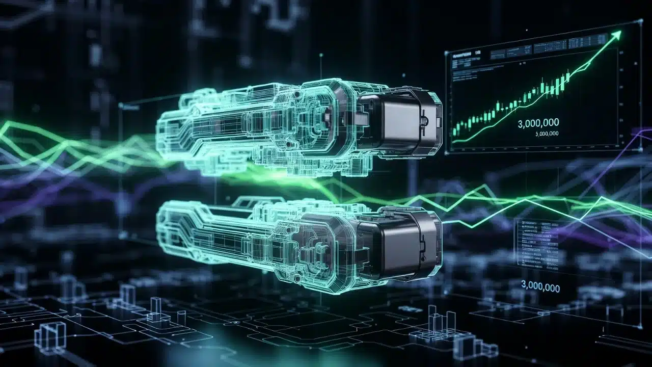 Futurystyczna wizualizacja innowacji wzorniczej i dotacji 3 000 000 PLN na rozwój designu w MŚP, przedstawiająca proces transformacji projektu w gotowy produkt na tle hi-tech.