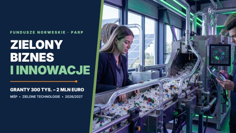 Inżynierka i technik przy linii recyklingu tworzyw w nowoczesnym zakładzie z panelami fotowoltaicznymi za oknem; obok napis Zielony biznes i innowacje, granty 300 tys.–2 mln euro, Fundusze Norweskie PARP