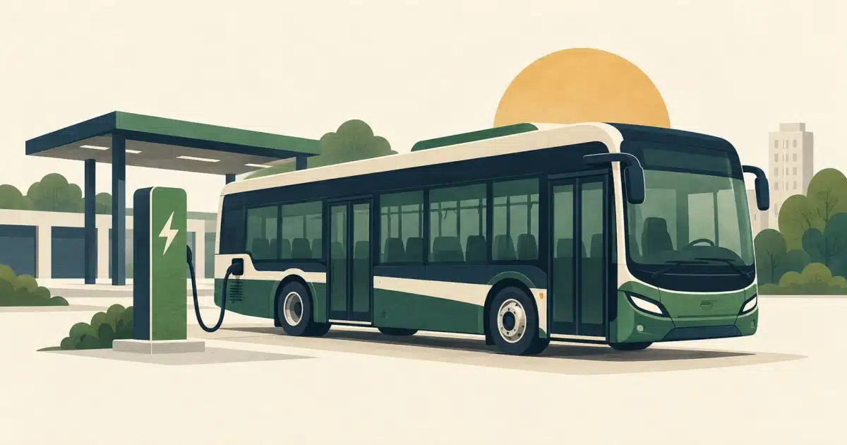 Zielono-granatowy autobus miejski podłączony do ładowarki na terenie zajezdni.