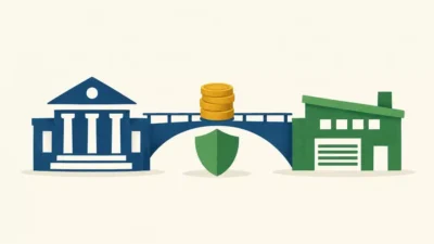 Bank i zakład połączone mostem, z tarczą pod jego środkową częścią i monetami na moście.