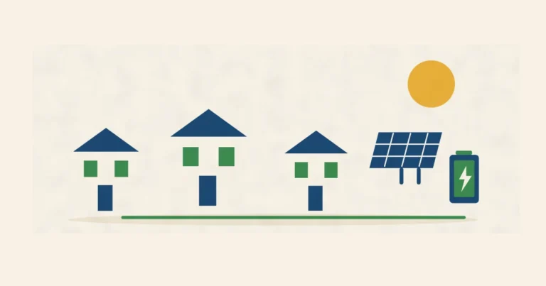 Trzy budynki połączone linią z instalacją fotowoltaiczną i magazynem energii.